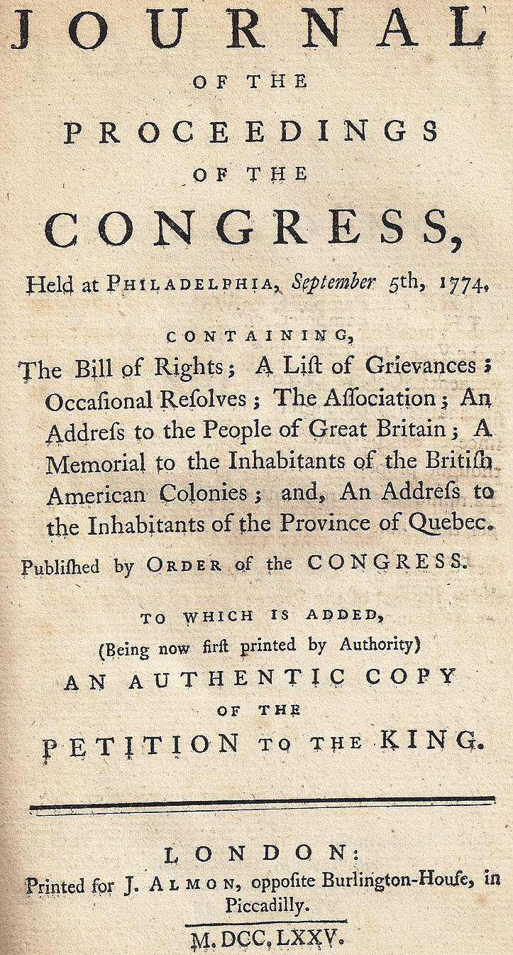Title Page of the Journal of the Continental Congress